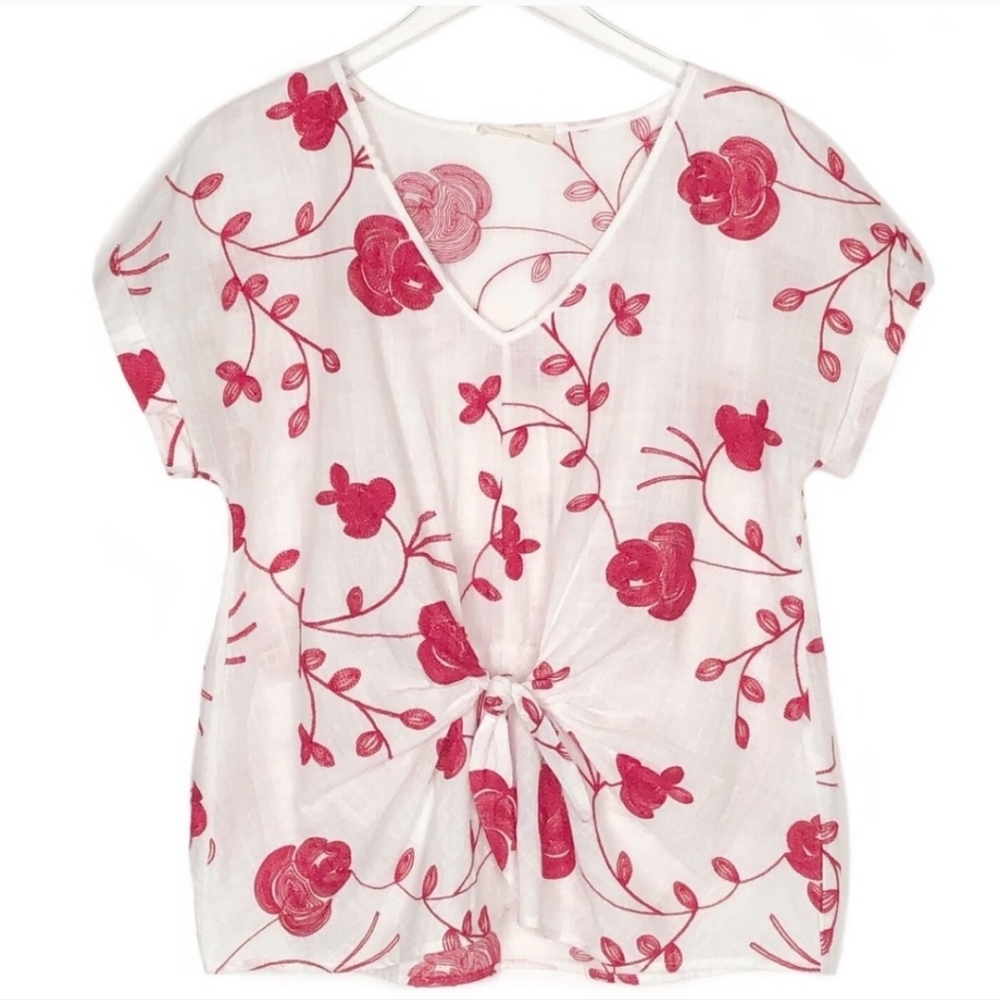 Entro blouse. Size L. Red and white. Embroidered front and back.